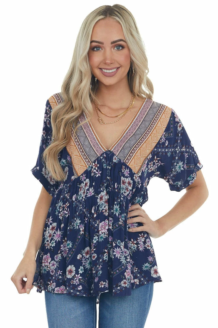 Davi & Dani Tops Rich Navy Multiprint Babydoll V Neck Woven Top 3 Davi & Dani Tops Rich Navy Multiprint Babydoll V Neck Woven Top