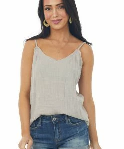 Grade & Gather Rich Oatmeal Textured Sleeveless Top With Raw Edge Details Tops