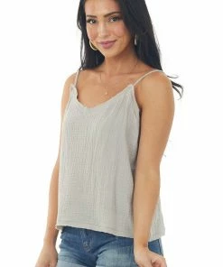 Grade & Gather Rich Oatmeal Textured Sleeveless Top With Raw Edge Details Tops