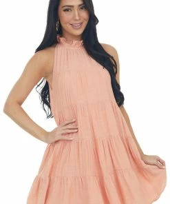 Entro Dresses Rich Peach Halter Neck Tiered Short Dress