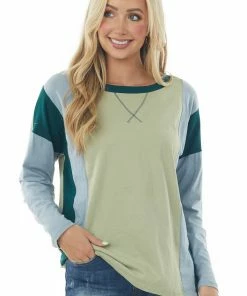 BiBi Rich Pistachio Colorblock Long Sleeve Knit Top Tops