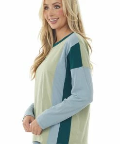 BiBi Rich Pistachio Colorblock Long Sleeve Knit Top Tops