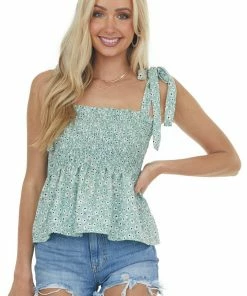 Charlotte Avery Rich Sage Floral Smocked Blouse With Tie Strap Tops