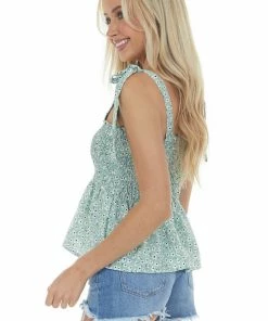 Charlotte Avery Rich Sage Floral Smocked Blouse With Tie Strap Tops