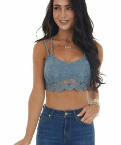 Main Strip Rich Slate Double Strap Lace Smocked Bralette Accessories