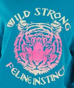 Trend Notes Rich Teal Long Sleeve Sweatshirt With Tiger Graphic Tops