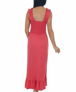 CY Fashion Rich Watermelon Smocked Ruffle Strap Midi Dress Dresses