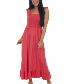 CY Fashion Rich Watermelon Smocked Ruffle Strap Midi Dress Dresses