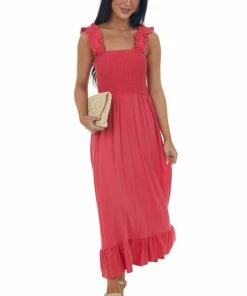 CY Fashion Rich Watermelon Smocked Ruffle Strap Midi Dress Dresses