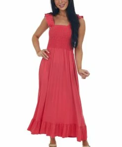 CY Fashion Rich Watermelon Smocked Ruffle Strap Midi Dress Dresses