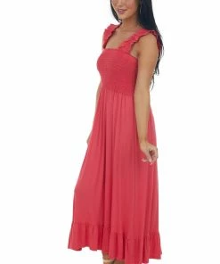 CY Fashion Rich Watermelon Smocked Ruffle Strap Midi Dress Dresses