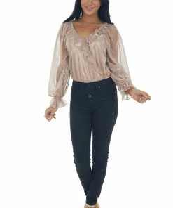 Peach Love Rose Gold Metallic Ruffle Surplice Bodysuit Tops