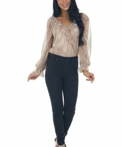 Peach Love Rose Gold Metallic Ruffle Surplice Bodysuit Tops