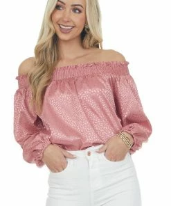 Umgee Tops Rose Metallic Cheetah Off Shoulder Top