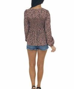 Miss Sparkling Rose Taupe Dalmatian Smocked Babydoll Blouse
