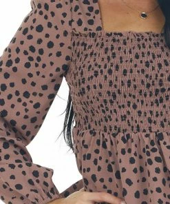 Miss Sparkling Rose Taupe Dalmatian Smocked Babydoll Blouse