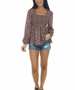 Miss Sparkling Rose Taupe Dalmatian Smocked Babydoll Blouse