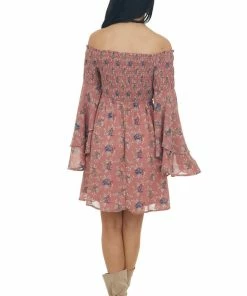 Jodifl Dresses Rose Taupe Floral Print Long Sleeve Off The Shoulder Dress