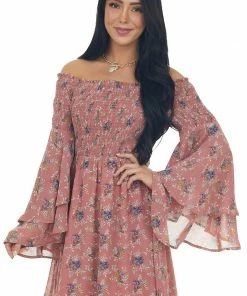 Jodifl Dresses Rose Taupe Floral Print Long Sleeve Off The Shoulder Dress