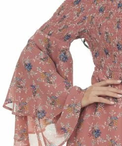 Jodifl Dresses Rose Taupe Floral Print Long Sleeve Off The Shoulder Dress
