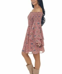 Jodifl Dresses Rose Taupe Floral Print Long Sleeve Off The Shoulder Dress
