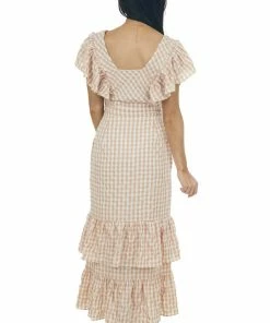 Entro Rose Taupe Gingham Ruffle Tiered Maxi Dress