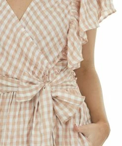 Entro Rose Taupe Gingham Ruffle Tiered Maxi Dress
