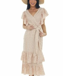 Entro Rose Taupe Gingham Ruffle Tiered Maxi Dress