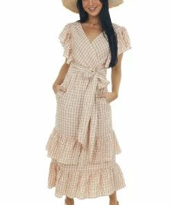 Entro Rose Taupe Gingham Ruffle Tiered Maxi Dress
