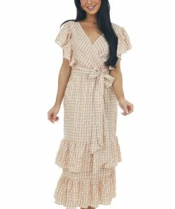 Entro Rose Taupe Gingham Ruffle Tiered Maxi Dress