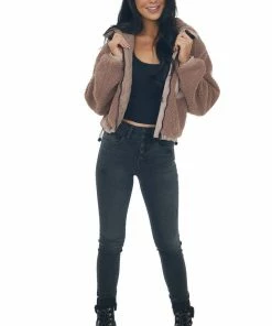 Style Melody Rose Taupe Mock Neck Hooded Cozy Teddy Jacket