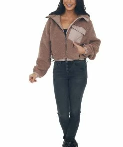 Style Melody Rose Taupe Mock Neck Hooded Cozy Teddy Jacket