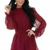 She + Sky Burgundy Swiss Dot Long Puff Sleeve Romper 1 She + Sky Burgundy Swiss Dot Long Puff Sleeve Romper
