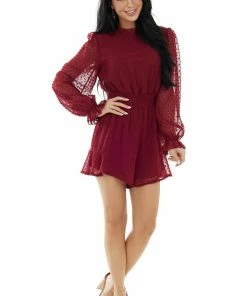 She + Sky Burgundy Swiss Dot Long Puff Sleeve Romper
