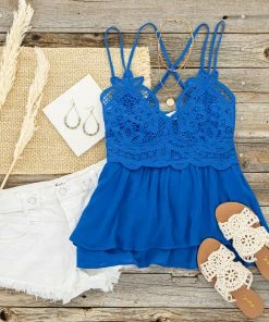 Lime Lush Tops Royal Blue Babydoll Lace Ruffle Hem Blouse