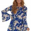 ROKOKO Royal Blue Floral Long Bell Sleeve Short Dress