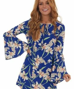 ROKOKO Royal Blue Floral Long Bell Sleeve Short Dress