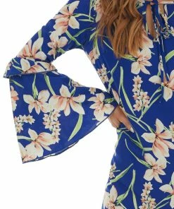 ROKOKO Royal Blue Floral Long Bell Sleeve Short Dress