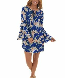 ROKOKO Royal Blue Floral Long Bell Sleeve Short Dress