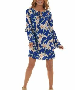 ROKOKO Royal Blue Floral Long Bell Sleeve Short Dress