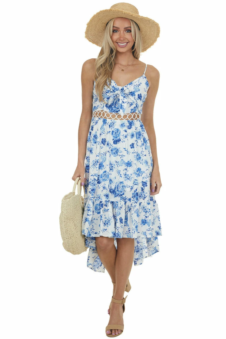 Main Strip Dresses Royal Blue Floral Print High Low Short Dress 6 Main Strip Dresses Royal Blue Floral Print High Low Short Dress