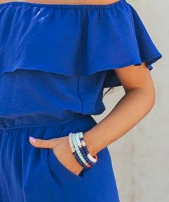 She + Sky Royal Blue Off The Shoulder Overlay Midi Jumpsuit Dresses