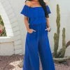 She + Sky Royal Blue Off The Shoulder Overlay Midi Jumpsuit Dresses