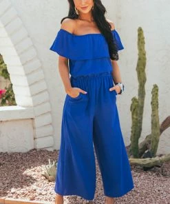 She + Sky Royal Blue Off The Shoulder Overlay Midi Jumpsuit Dresses