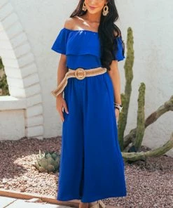 She + Sky Royal Blue Off The Shoulder Overlay Midi Jumpsuit Dresses