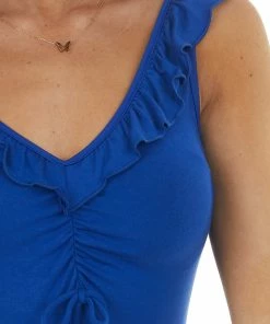 Peach Love Royal Blue Sleeveless Ruffle Detail Bodysuit