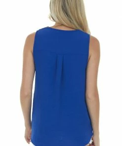 FSL APPAREL Royal Blue Sleeveless Woven V Neck Crinkle Blouse