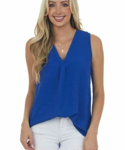 FSL APPAREL Royal Blue Sleeveless Woven V Neck Crinkle Blouse