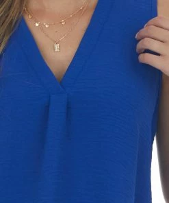 FSL APPAREL Royal Blue Sleeveless Woven V Neck Crinkle Blouse