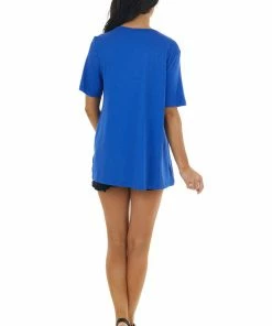 BiBi Tops Royal Blue Strappy Criss Cross Neckline Tee
